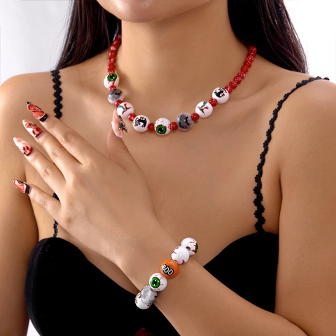 Juego de Collar y Pulsera de Cuentas con Huella de Mano de Sangre Halloween Gótico Globo Ocular Murciélago Fantasma Calabaza BOO Joyería para Fiesta Mujer