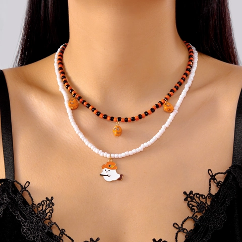 Collar de Doble Capa de Cuentas de Vidrio de Halloween Colgante de Calavera Fantasma Gótico Vintage Collar de Gargantilla en Capas para Mujer Joyería de Fiesta