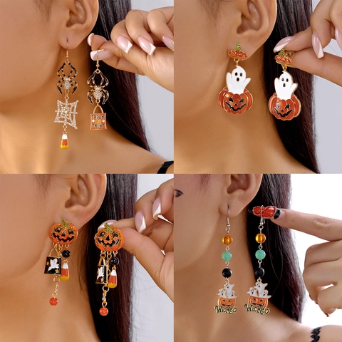 Halloween Funny Pumpkin Ghost Tassel Earrings For Women Asymmetric Enamel Rhinestone Drop Earrings Party Jewelry Holiday Gift