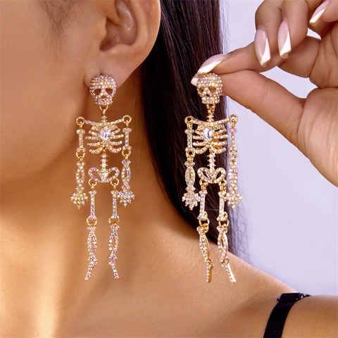 Skelett Gelenkige Hängeohrringe Gotisch Legierung Strass Mit Keramikstift Halloween Punk Schmuck Für Damen