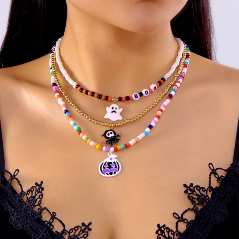 Halloween Perlenkette Geist Kürbis Totenkopf Anhänger Handgefertigte Samenperlen Mehrlagige Choker Für Damen Unisex Party Schmuck