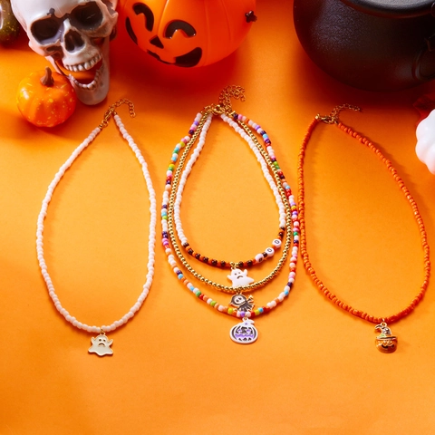 Halloween Perlenkette Geist Kürbis Totenkopf Anhänger Handgefertigte Samenperlen Mehrlagige Choker Für Damen Unisex Party Schmuck