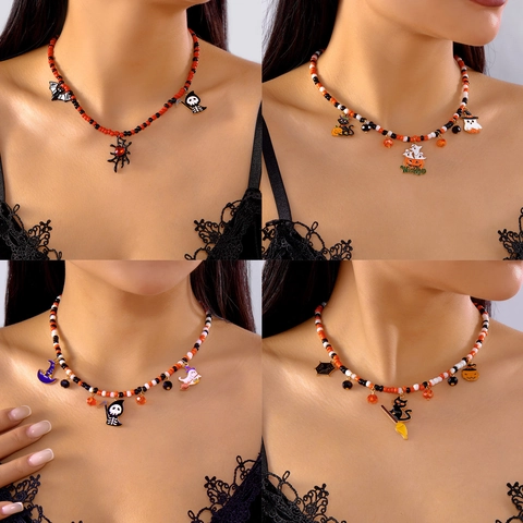 Halloween Handmade Seed Bead Necklace With Zinc Alloy Pumpkin Ghost Spider Pendants Festive Party Jewelry For Women