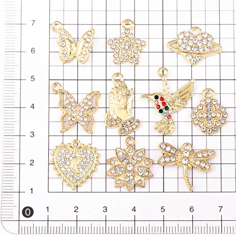 Gold Alloy Rhinestone DIY Pendant Charms Butterfly Heart Star Dragonfly Flower Hummingbird Jewelry Making Accessories