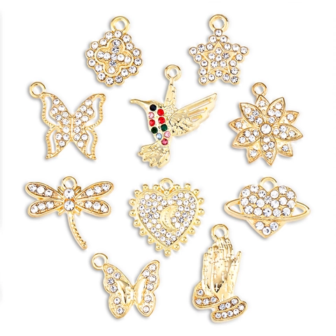 Gold Alloy Rhinestone DIY Pendant Charms Butterfly Heart Star Dragonfly Flower Hummingbird Jewelry Making Accessories