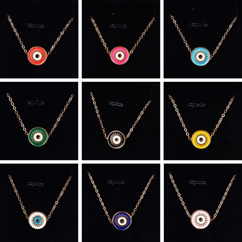 Vintage Turkish Evil Eye Pendant Necklace For Women Men Gold Plated Alloy Enamel Round Eye Beads Clavicle Chain Jewelry