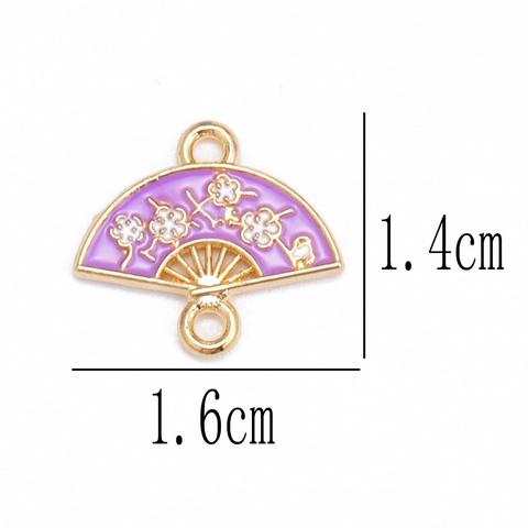 Chinese Style Alloy Enameled Fan Pendant Plum Blossom Pattern Double Loop Connector For DIY Necklace Bracelet Jewelry Finding