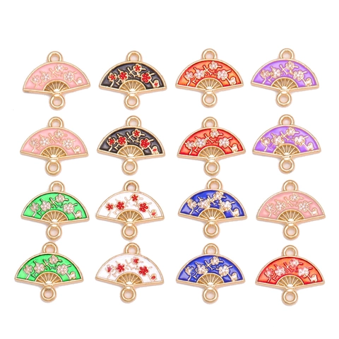 Chinese Style Alloy Enameled Fan Pendant Plum Blossom Pattern Double Loop Connector For DIY Necklace Bracelet Jewelry Finding