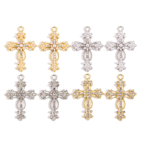 Pendentif Croix en Alliage Baroque Vintage Strass Perle Artificielle pour DIY Collier Boucle d'Oreille Bijoux de Mode