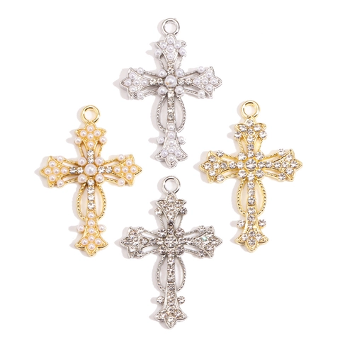 Pendentif Croix en Alliage Baroque Vintage Strass Perle Artificielle pour DIY Collier Boucle d'Oreille Bijoux de Mode