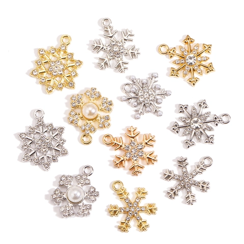 Shiny Alloy Snowflake Pendants Christmas Rhinestone Faux Artificial Pearl Charms DIY Accessories For Necklaces Bracelets Earrings Making Winter Jewelry Findings