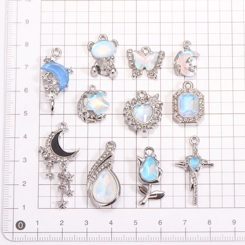 Y2K Legierung Herz Mond Schmetterling Bär Kreuz Zirkonia Anhänger DIY Schmuckherstellung Schillernde Opal Effekt Charms
