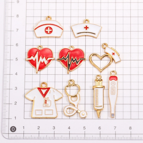 Alloy Enamel Medical Theme Pendants For DIY Jewelry Making Nurse Hat Syringe Thermometer Stethoscope Shape Charms For Necklace