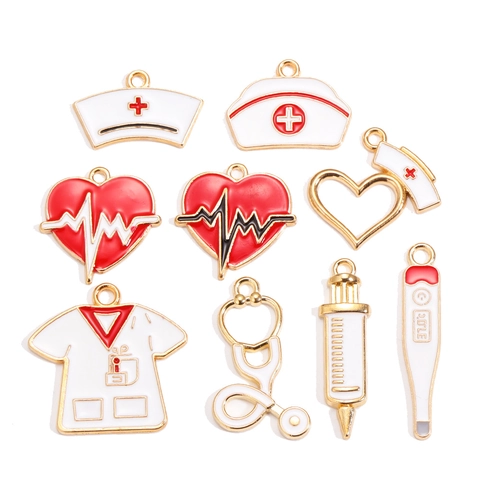 Alloy Enamel Medical Theme Pendants For DIY Jewelry Making Nurse Hat Syringe Thermometer Stethoscope Shape Charms For Necklace