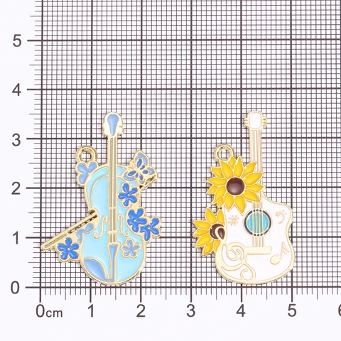 Alloy Enamel Musical Instrument Pendant Guitar Cello Sunflower Floral Charm DIY Jewelry Making Accessory Keychain Material