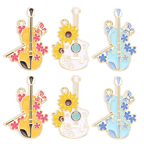 Alloy Enamel Musical Instrument Pendant Guitar Cello Sunflower Floral Charm DIY Jewelry Making Accessory Keychain Material