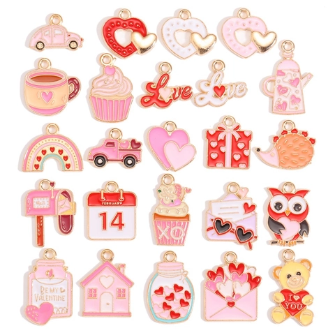 Mixed Valentine's Day Alloy Enamel Charms Set Heart Love Letter Cupid Pendants Only For DIY Bracelet Necklace Jewelry Making