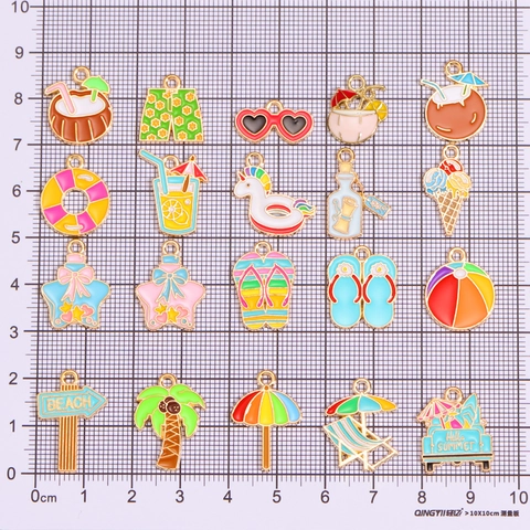 Alloy Summer Beach Theme Enamel Drip Charms For DIY Jewelry Making Coconut Slipper Ice Cream Ocean Pendant Accessories