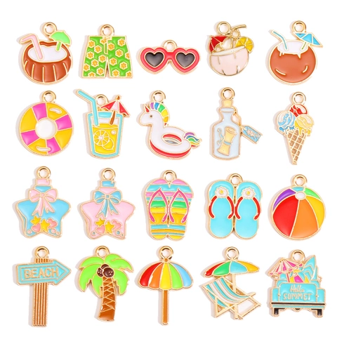Alloy Summer Beach Theme Enamel Drip Charms For DIY Jewelry Making Coconut Slipper Ice Cream Ocean Pendant Accessories