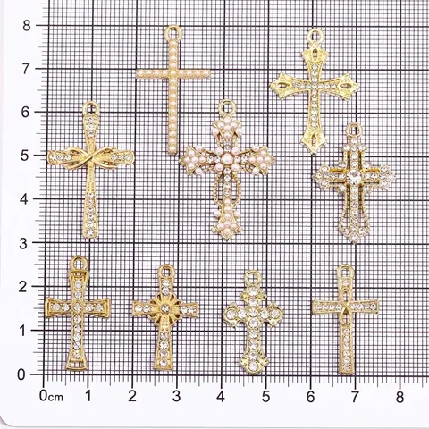 Legierung Strass Kreuz Anhänger Künstliche Perle Gold Beschichtet Pendants Für DIY Halskette Ohrring Schmuckherstellung Zubehör