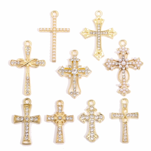 Legierung Strass Kreuz Anhänger Künstliche Perle Gold Beschichtet Pendants Für DIY Halskette Ohrring Schmuckherstellung Zubehör