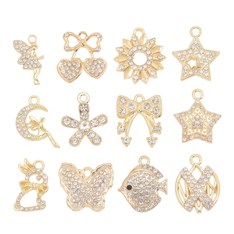 Pendentifs en Alliage avec Strass pour la Fabrication de Bijoux DIY Papillon Étoile Lapin Fée Lune Cœur Breloques Or pour Collier