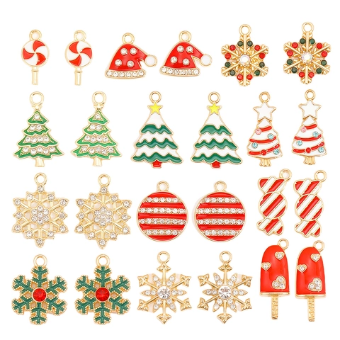 Mixed Christmas DIY Alloy Charms Enamel Rhinestone Tree Snowflake Star Lollipop Pendant For Bracelet Earring Jewelry Making Accessories