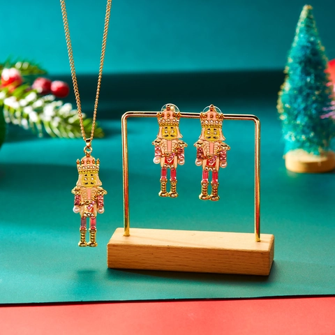 Weihnachten Nussknacker Soldat Halskette Ohrringe Set Legierung Strass Künstliche Perle Festliche Holiday Schmuck Zubehör