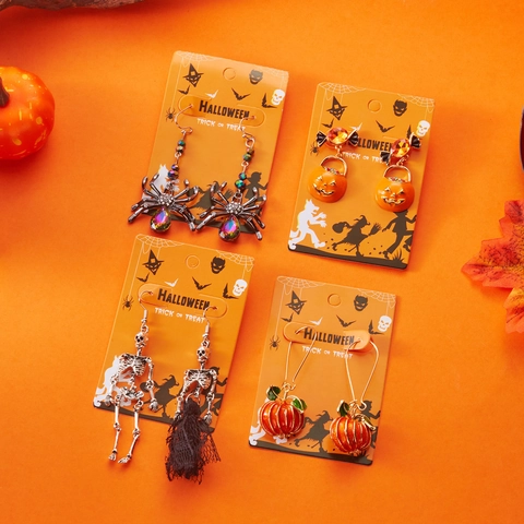 Halloween Asymmetrische Ohrhänger Legierung Strass Kürbis Skelett Spinne Muster Gothic Punk Party Schmuck Für Damen
