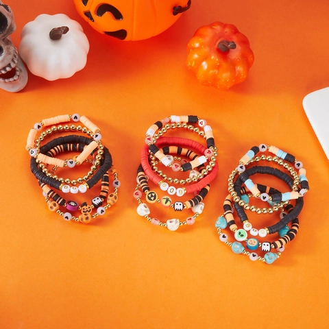 Halloween Personalisiertes Polymer-Ton Armband Set Handgefertigte Perlenarmbänder Mit Totenkopf Kürbis Gespenst Party Schmuck Damen Herren