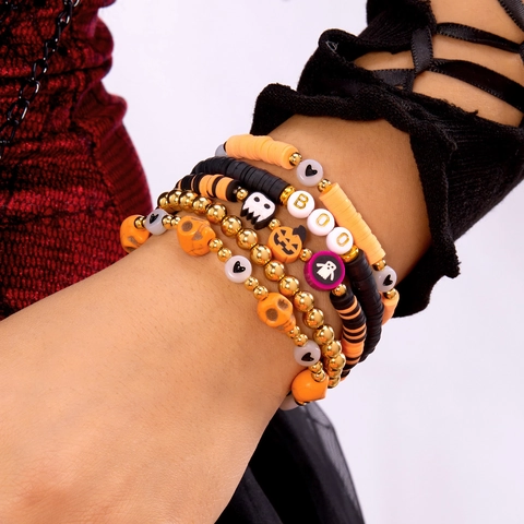 Halloween Personalisiertes Polymer-Ton Armband Set Handgefertigte Perlenarmbänder Mit Totenkopf Kürbis Gespenst Party Schmuck Damen Herren