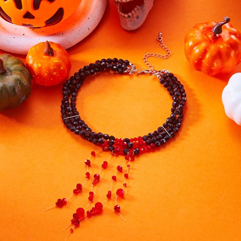 Gothic Halloween Alloy Charm Necklace Retro Dark Pumpkin Skull Ghost Cross Pendant Beaded Blood Tassel Choker For Women Men