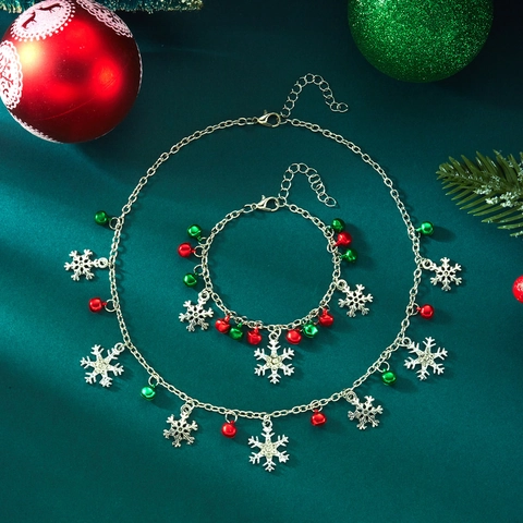 Weihnachten Schneeflocke Glocke Anhänger Halskette Und Armband Set Legierung Strass Festlicher Schmuck Party Geschenk Silber Rot Grün