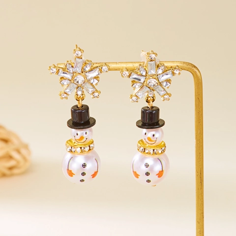 Christmas Snowman Snowflake Drop Earrings Gold Plated Alloy Faux Artificial Pearl Rhinestone Festive Jewelry Women Party Accessory