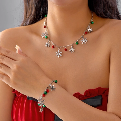 Weihnachten Schneeflocke Glocke Anhänger Halskette Und Armband Set Legierung Strass Festlicher Schmuck Party Geschenk Silber Rot Grün