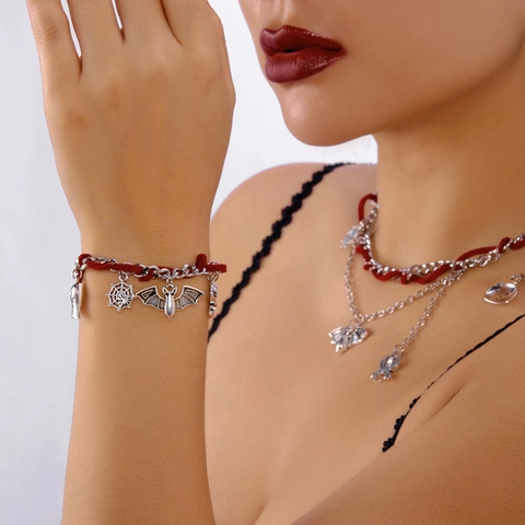 Gothische Halloween Legierung Charm Halskette Und Armband Silber Kürbis Geist Fledermaus Spinne Rotes Seil Damen Schmuck Party