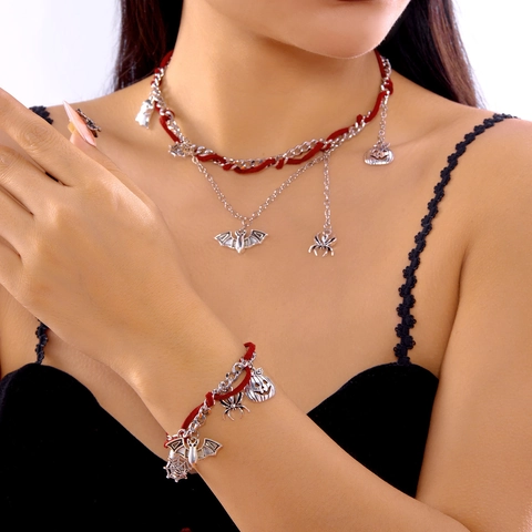 Gothische Halloween Legierung Charm Halskette Und Armband Silber Kürbis Geist Fledermaus Spinne Rotes Seil Damen Schmuck Party