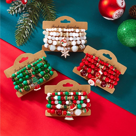 Bracelet de Perles de Noël Flocon de Neige Bonhomme de Neige Père Noël Charmes Émaillés Bijoux Festifs Multicouches