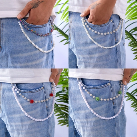Multilayer Hip Hop Pants Chain For Women Alloy Artificial Pearl Rhinestone Clover Cross Heart Pendant Jean Accessory Jewelry