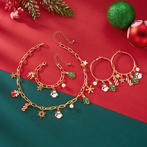 Set di Gioielli Natalizi per Donna Collana Bracciale Orecchini a Cerchio in Lega Oro Con Babbo Natale Pupazzo di Neve Strass Perla