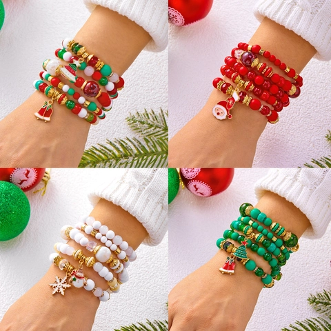 Bracelet de Perles de Noël Flocon de Neige Bonhomme de Neige Père Noël Charmes Émaillés Bijoux Festifs Multicouches
