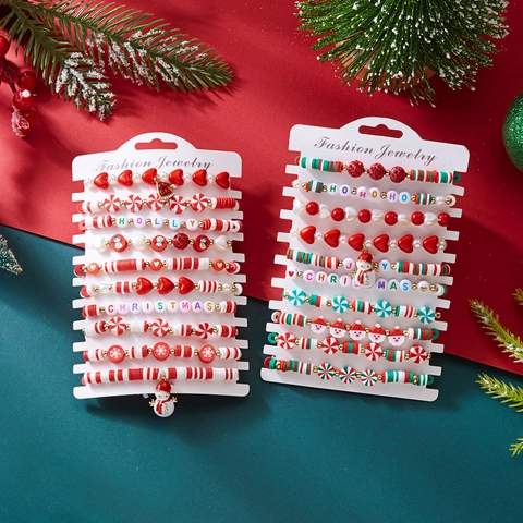 Christmas Beaded Bracelet Set For Women Polymer Clay Heishi Beads Alloy Charms Santa Snowman Heart Elastic Bracelet Handmade Festive Jewelry Gift