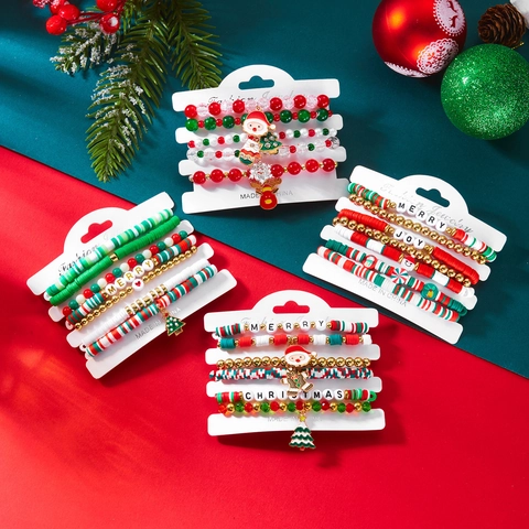 Weihnachten Perlen Armband Set Legierung Polymer Ton Weihnachtsbaum Weihnachtsmann Rentier Anhänger Armband Damen Schmuck