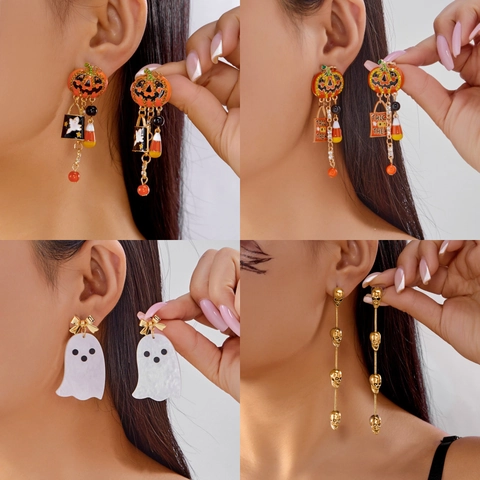 Halloween Kürbis Geist Totenkopf Quaste Ohrringe Gothik Punk Strass Emaille Hängeohrringe Für Damen Party Schmuck Geschenk