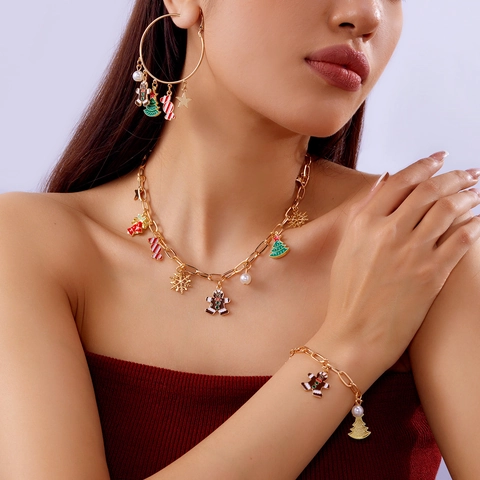 Set di Gioielli Natalizi per Donna Collana Bracciale Orecchini a Cerchio in Lega Oro Con Babbo Natale Pupazzo di Neve Strass Perla