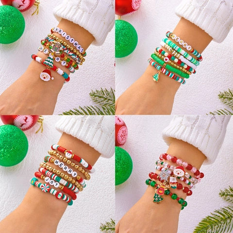 Weihnachten Perlen Armband Set Legierung Polymer Ton Weihnachtsbaum Weihnachtsmann Rentier Anhänger Armband Damen Schmuck