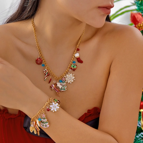 Weihnachts Schmuckset Legierung Halskette Armband Weihnachtsmann Rentier Schneeflocke Anhänger Strass Künstliche Perle Festliches Geschenk Damen