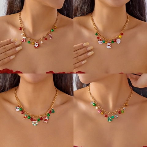 Christmas Santa Claus Elk Snowman Pendant Necklace And Artificial Pearl Bracelet Alloy Enamel Festive Jewelry For Women