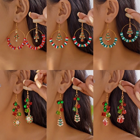 Handmade Polymer Clay Christmas Earrings For Women Alloy Rhinestone Xmas Tree Snowman Gift Box Dangle Hoop Earrings Festive Jewelry Gift