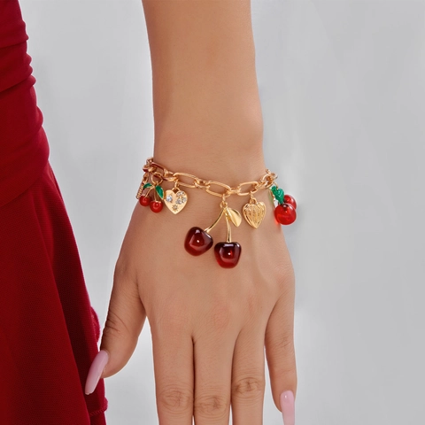 Pulsera de Amuletos de Cereza Corazón Lazo para Mujer Aleación Dorada Resina Strass Perla Artificial Joyería de Moda Ajustable